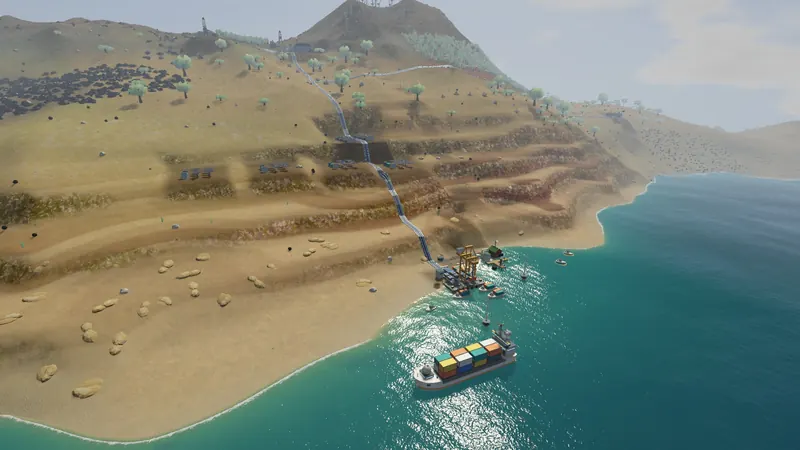 A cargo ship leaving a hillside harbour