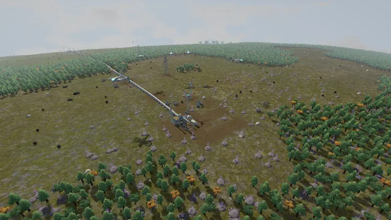 Drones and a pipeline in a forest clearing